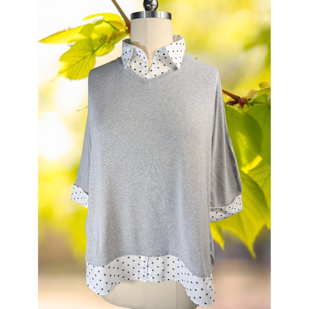 Kim Rogers XL Cotton Gray Layered Look Top Polka Dot Trim V-Neck 3/4 Sleeve XL